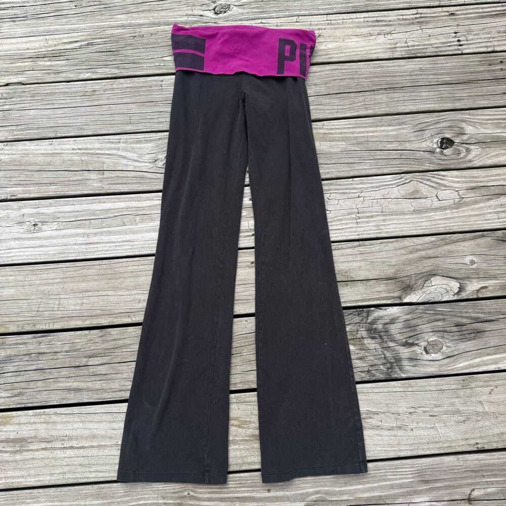 Victoria’s Secret Pink Foldover Yoga Flare Pants Black Magenta Size Small